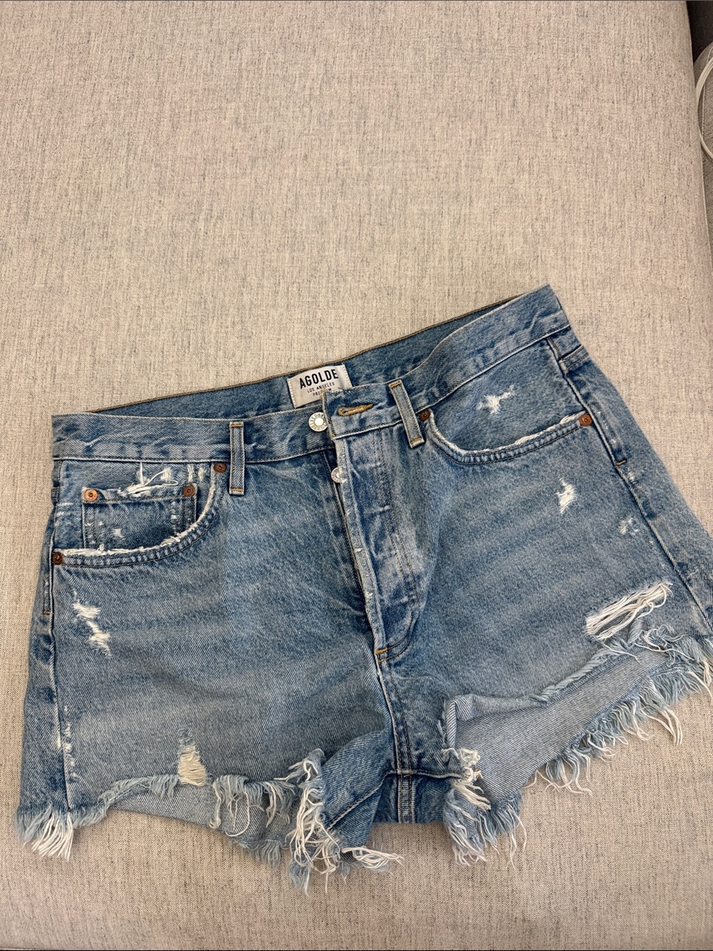 Agolde Distressed Frayed Hem Denim Shorts in Blue